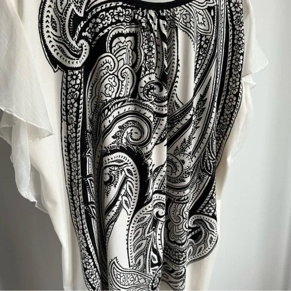 QED London Boho Tunic Top Dress White Black Paisley Flutter Ruffle Sleeves - L - Picture 8 of 14